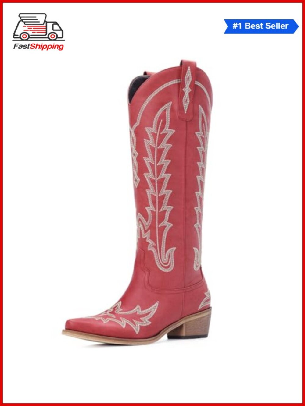 ✨Rivalran Knee High Cowboy Boots Pointed Toe Chunky Heel Pull On Faux Leather